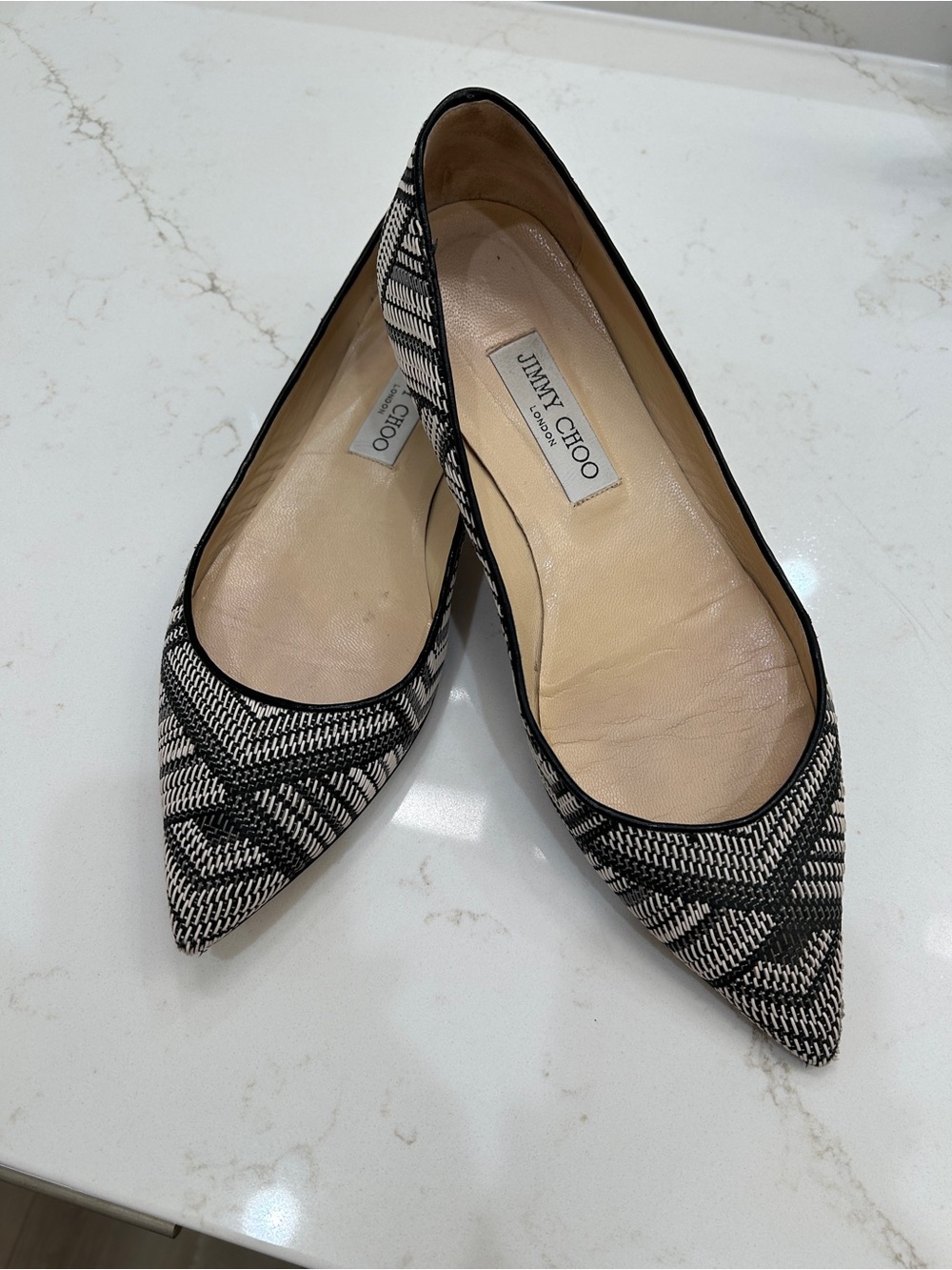 Jimmy Choo Alina Black and White Woven Pointed-Toe Ballet Flats